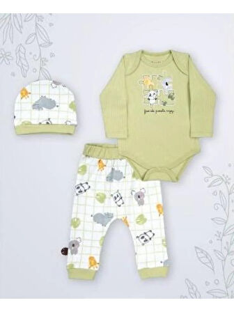 Puzzle Hayvan Desenli Yeşil Badi Takım 3'lü