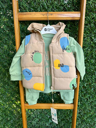 Yazı Baskılı Şişme Yelekli  Üçlü Takım Yeşil