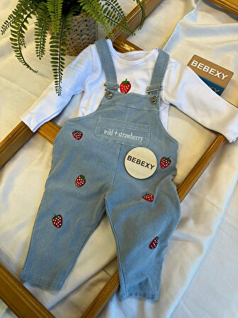 Çilek Desenli Jean Tulum & Salopet  Mavi