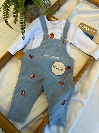 Çilek Desenli Jean Tulum & Salopet  Mavi