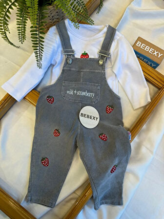 Çilek Desenli Jean Tulum & Salopet  Gri