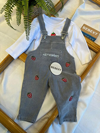 Çilek Desenli Jean Tulum & Salopet  Gri