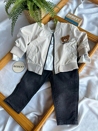 Bear Yazılı Çeket Takım 3'lü Bej