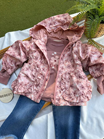 Pembe Çiçek  Desenli Çeketli  Takım 3'lü
