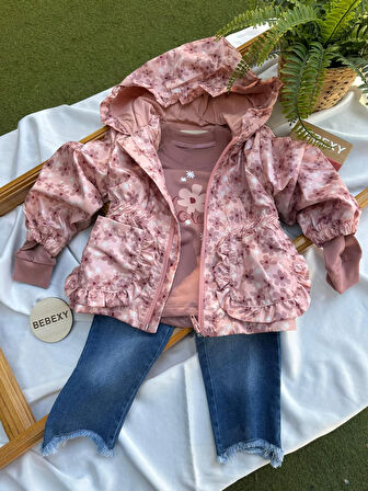 Pembe Çiçek  Desenli Çeketli  Takım 3'lü