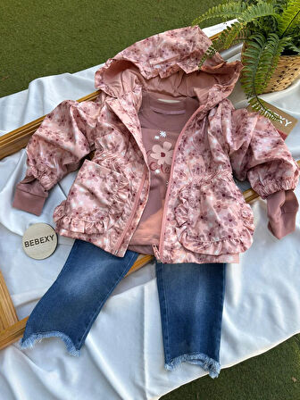 Pembe Çiçek  Desenli Çeketli  Takım 3'lü