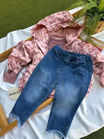 Pembe Çiçek  Desenli Çeketli  Takım 3'lü