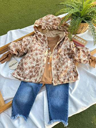 Kahverengi  Çiçek  Desenli Çeketli  Takım 3'lü