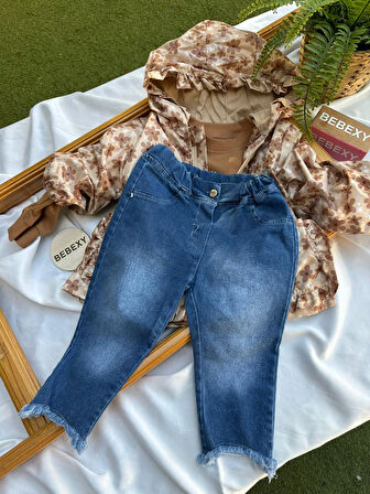 Kahverengi  Çiçek  Desenli Çeketli  Takım 3'lü