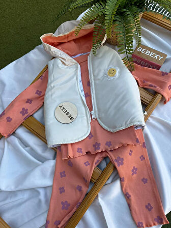 Papatya  Baskılı Yelekli Takım 3'lü