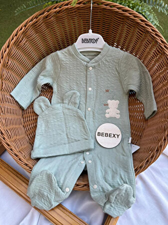 Ayıcıklı  Şapkalı  Bebek Tulumu 2'li