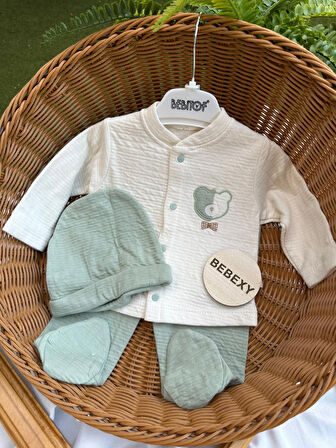 Ayıcık Desenli Şapkalı  Bebek Takımı 