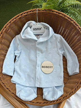 Nokta Desenli Kapüşonlu  Mavi  Bebek Takımı 