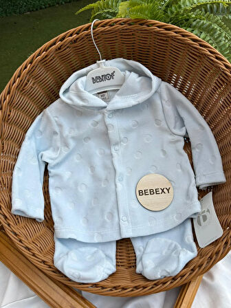 Nokta Desenli Kapüşonlu  Mavi  Bebek Takımı 