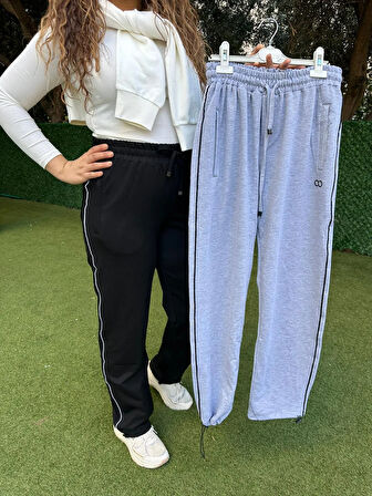 Şerit Çizgili Siyah Düz Paça Lastikli  Eşofman Altı 