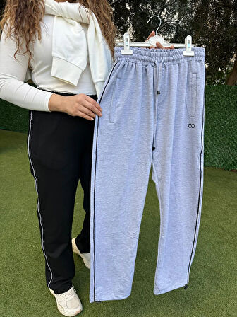 Şerit Çizgili Gri Düz Paça Lastikli  Eşofman Altı 