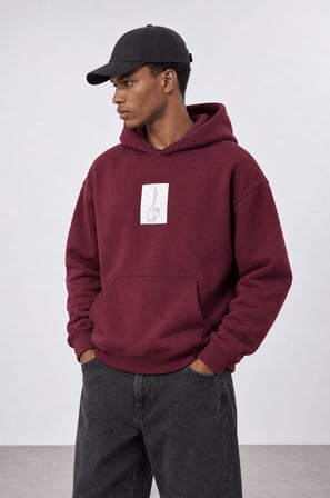 Erkek Horse Patch Detaylı Oversize Hoodie Bordo
