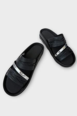 Anatomik Dolgu Taban Yumuşak Rahat Kadın Terlik SİYAH - GÜMÜŞ