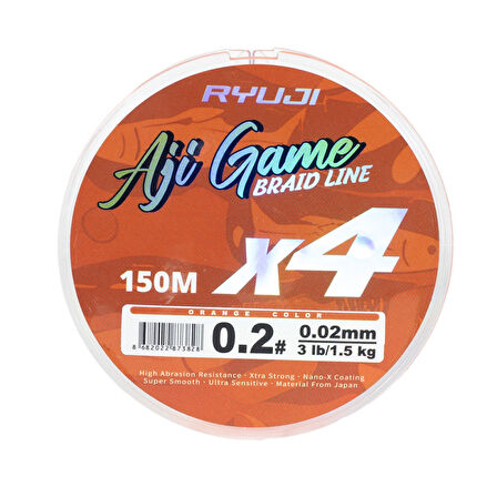Ryuji Aji Game 4B Orange 150m İp Misina Kalınlık (mm) : 0,02mm