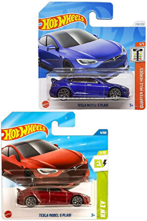 2 Araç Tesla Set - Hot Wheels Tesla Model S Plaid Bordo & Lacivert (1/64)