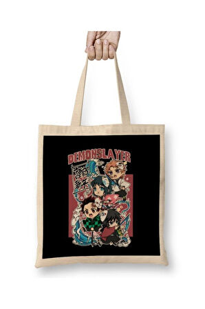 All Chibi Demon Slayer Bez Çanta Uzun Saplı Alışveriş Çantası Plaj Çantası