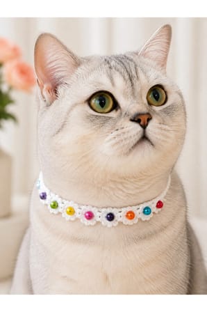 El Örgüsü Kedi Tasması Renkli Boncuklu Çiçek Desenli Beyaz El Yapımı Bağlamalı Kedi Boyun Aksesuarı