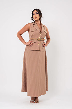 Cep Detaylı Düğme Aksesurlı Yelek Etek Takım TKM16065