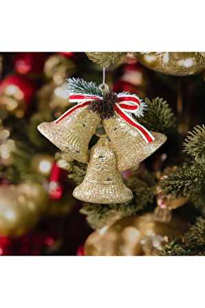 Yılbaşı Süsü Simli Kozalaklı Üçlü Çan Şampanya 12 cm