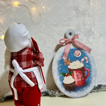 Uretti - Funda 1603 - El Yapımı Ahşap Yılbaşı  Panosu ve Aşçı Noel Baba Biblo 2'li Set