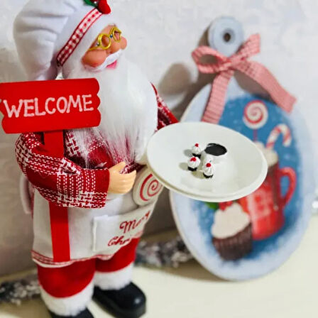 Uretti - Funda 1603 - El Yapımı Ahşap Yılbaşı  Panosu ve Aşçı Noel Baba Biblo 2'li Set
