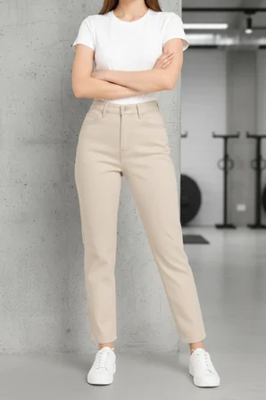 Kadın Jeans Krem Mom Jean Yüksek Bel Denim Kot Pantolon