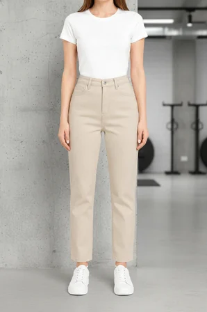 Kadın Jeans Krem Mom Jean Yüksek Bel Denim Kot Pantolon