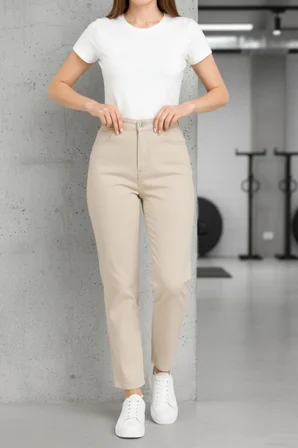 Kadın Jeans Krem Mom Jean Yüksek Bel Denim Kot Pantolon