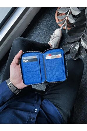 Fermuarlı Küçük Boy Mini Mavi Deri Cüzdan - Erkek / Kadın