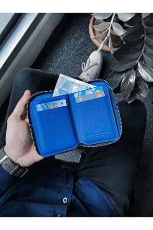 Fermuarlı Küçük Boy Mini Mavi Deri Cüzdan - Erkek / Kadın