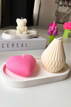 Kalp Figürlü Mum, Armut Mum ve Dekoratif Tabak Seti %100 Soya Mumu