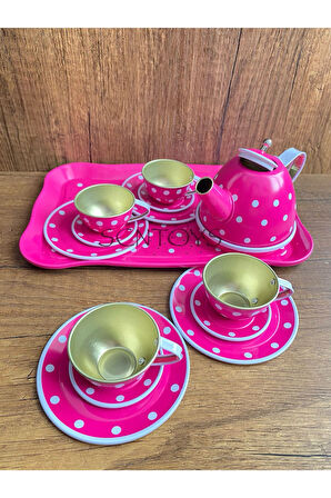 15 Parça Çay Seti Fincan Takımı Metal Evcilik Oyunu Pembe Kutulu Oyuncak Çay Seti Mutfak Seti