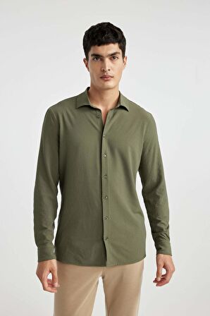 DeFacto Modern Fit Polo Yaka Basic Düz Krinkıl Uzun Kollu Gömlek B7384AX24SPKH21