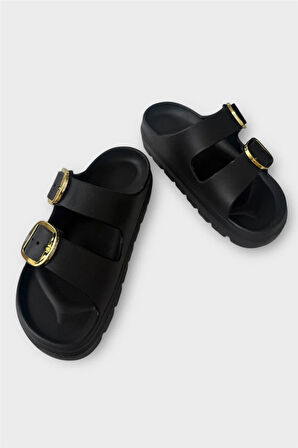 Yüksek Taban Tokalı Şık Kadın Terlik SİYAH