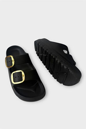 Yüksek Taban Tokalı Şık Kadın Terlik SİYAH