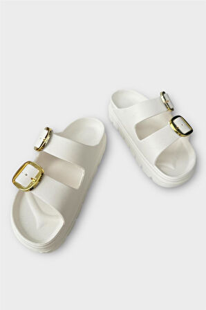 Yüksek Taban Tokalı Şık Kadın Terlik BEYAZ