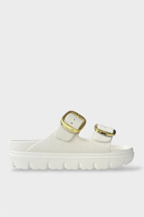 Yüksek Taban Tokalı Şık Kadın Terlik BEYAZ