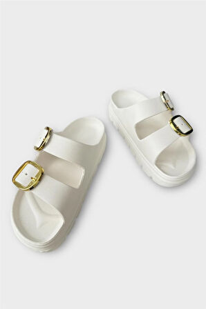 Yüksek Taban Tokalı Şık Kadın Terlik BEYAZ