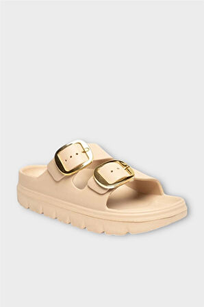 Yüksek Taban Tokalı Şık Kadın Terlik BEJ