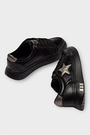 Kadın Yıldız Detay Şık Günlük Spor Sneaker Ayakkabı SİYAH