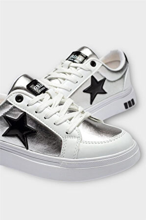 Kadın Yıldız Detay Şık Günlük Spor Sneaker Ayakkabı BEYAZ - SİYAH