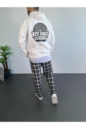 Erkek Oversize Üç İplik Kapüşonlu Sweatshirt – Beyaz Ön Baskılı, Kanguru Cepli, Rahat Kalıp, İçi Pamuklu Model