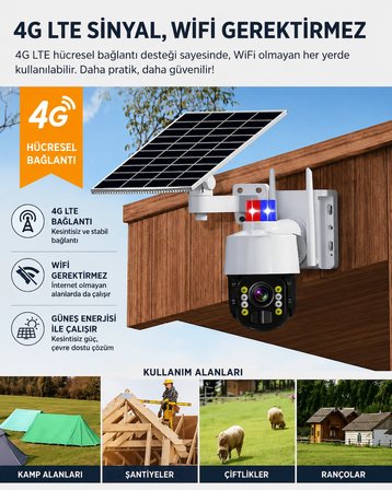 4G SIM Kartlı Güneş Enerjili 5MP PTZ Güvenlik Kamerası | Renkli Gece Görüşü | Hareket Takibi | Çift Yönlü Ses | IP66 Su Geçirmez