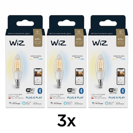 WiZ Wi-Fi Beyaz Ambiyans Akıllı Filament Ampul 40W - C35 - E14 İnce Duy  3 adet 