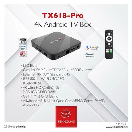 TEKNIX 4K Android Tv Box + 1 Yıllık Sporun Yıldızı Paketi Kurulumsuz (Web,Cep,Tablet,Smart Androidtv)